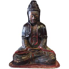 Very Rare 19th Century Antique Black Lacquered Hand-Carved Wooden Buddha