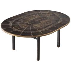 Scandinavian Oval Cocktail Table with Ceramic Tiles and Brass