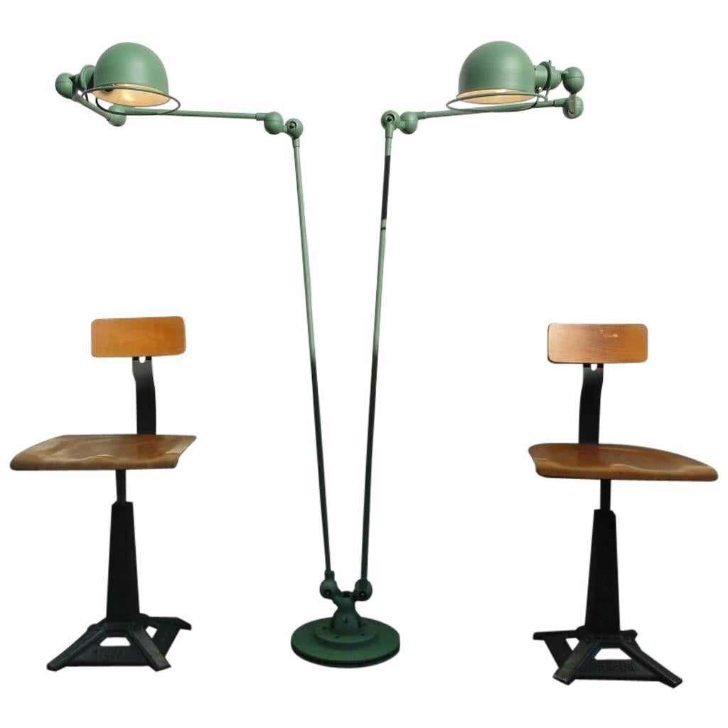 Double Three-Armed Jielde French Industrial Floor Reading Lamp Reseda Green For Sale