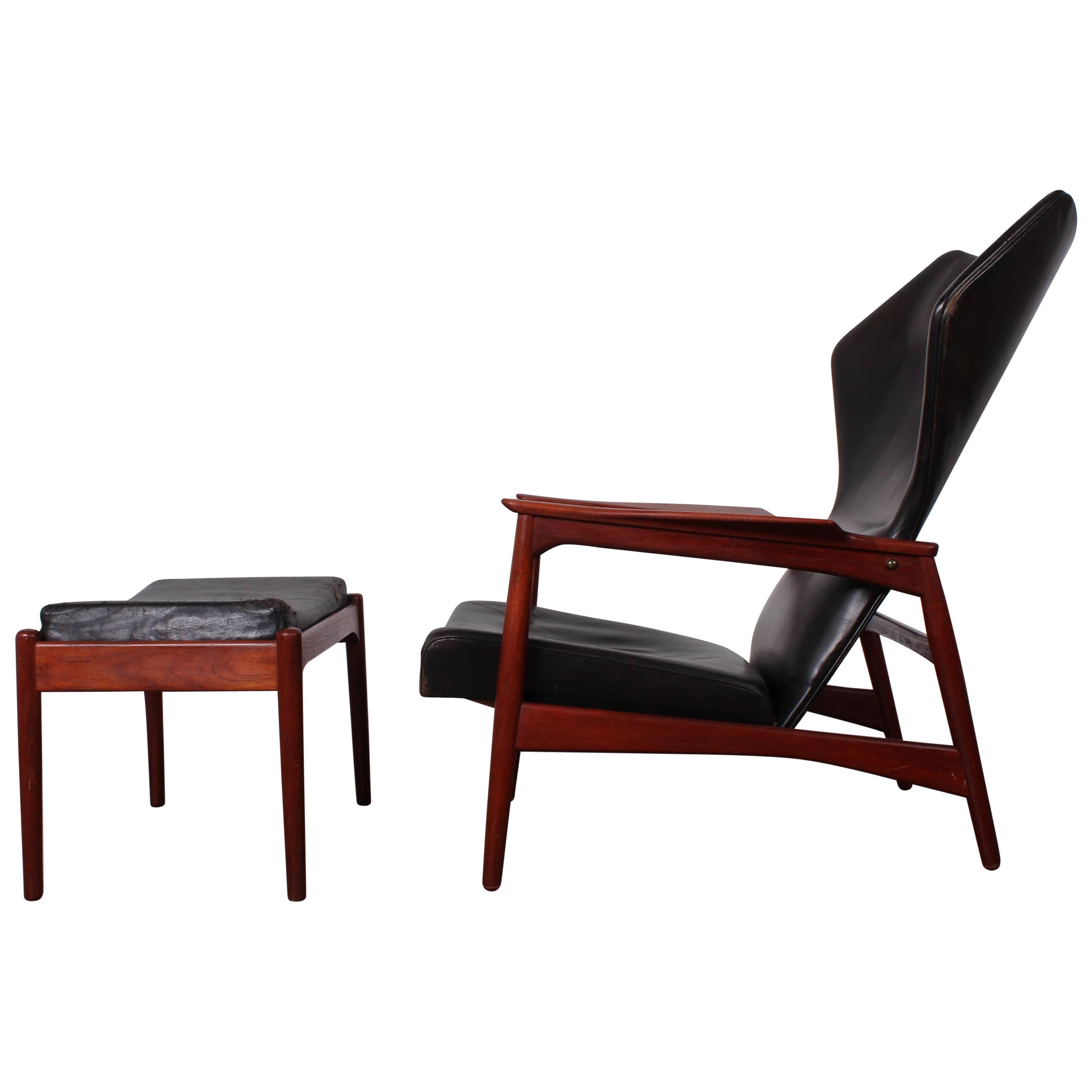 Adjustable Leather Lounge Chair and Ottoman by Ib Kofod-Larsen
