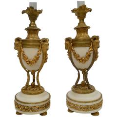 Pair of Gilt Bronze and Marble Louis XVI Style Candlestick Lamps