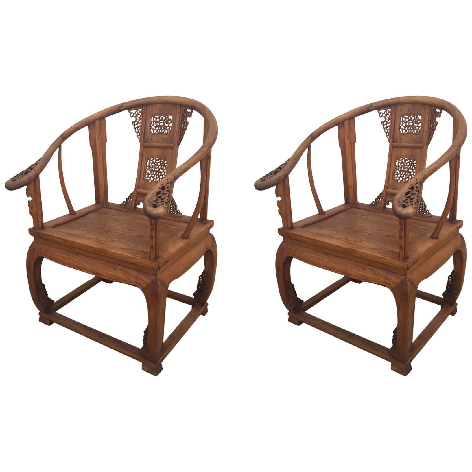 Substantial Pair of Vintage, Chinese, Teak, Horseshoe Chairs