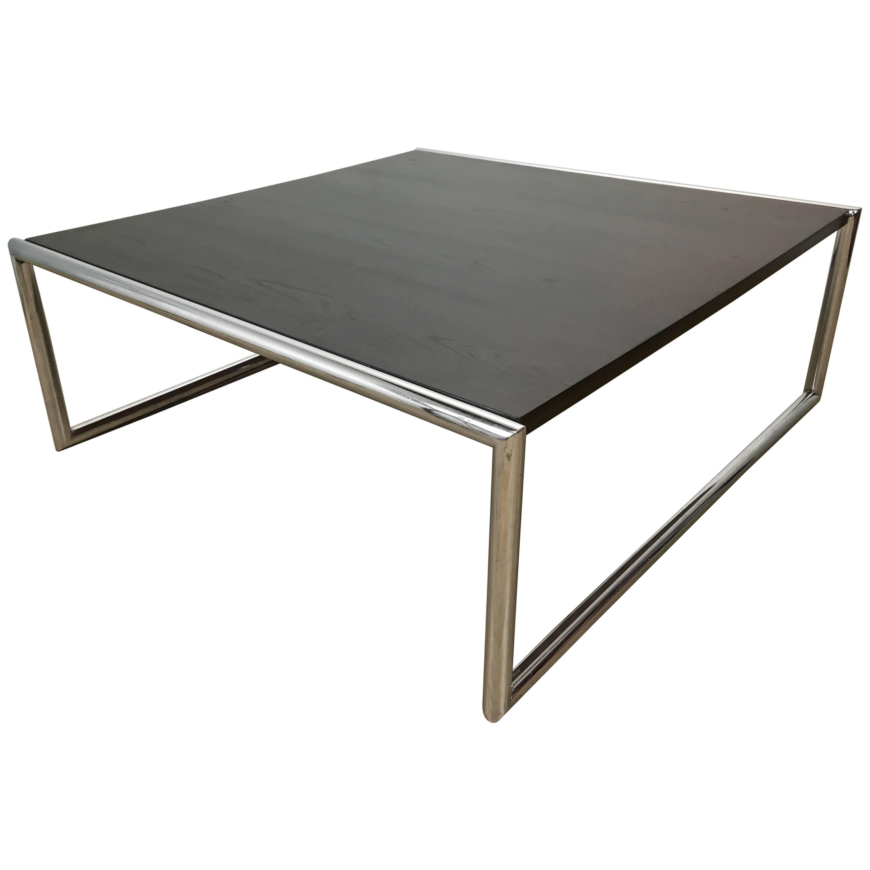 Large Ebonized Mahogany and Tubular Chrome Cocktail Table For Sale