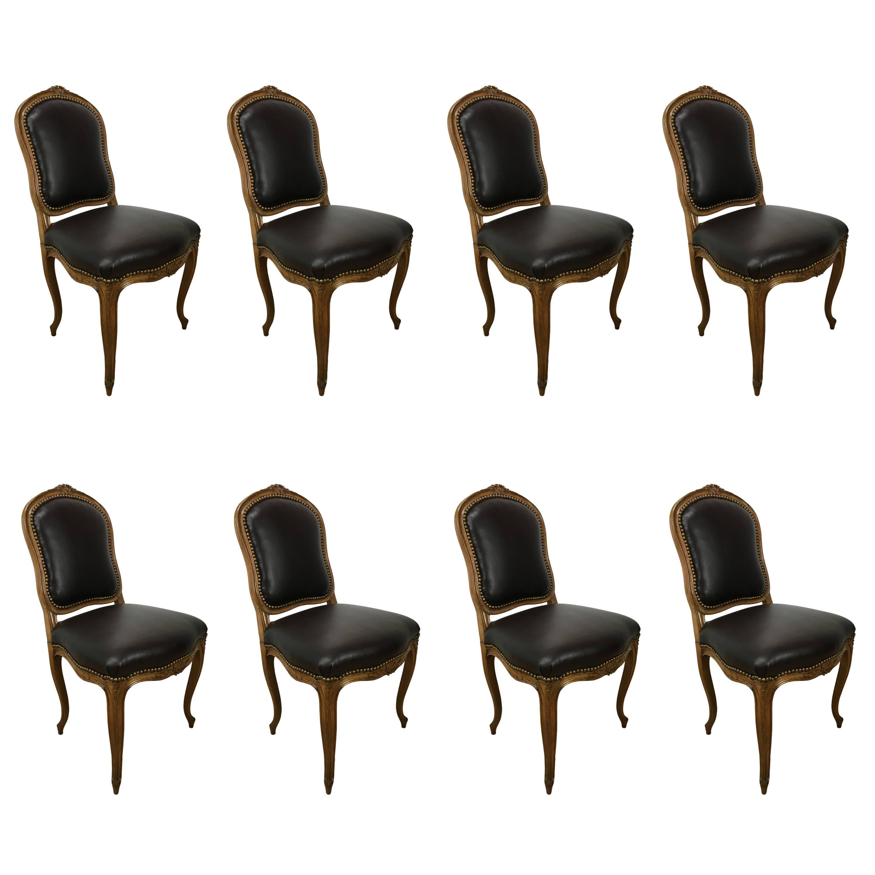 Set of Eight Louis XV Style Leather Dining Chairs For Sale