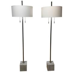 Pair of Tall Chrome Floor Lamps on Marble Bases