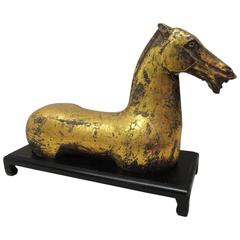 Ancient Asian Han Dynasty Style Gilded Horse on Wood Stand