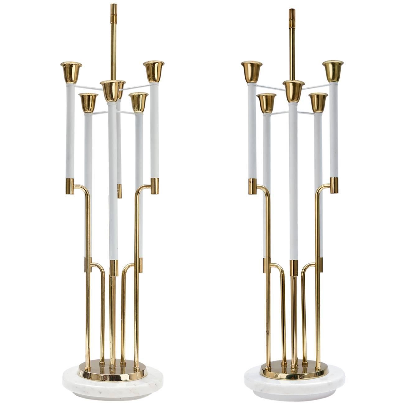 Pair of Tommi Parzinger Brass-Plated and Marble Base Table Lamps For Sale