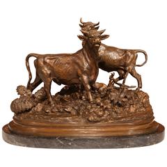 19th Century French Bronze with Cow and Bull Signed F. Pautrot