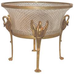 Wonderful French Dore Bronze Swan Ormolu Mounted Centerpiece Cut Crystal Bowl