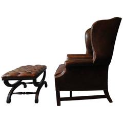 Dark Brown Leather Chesterfield Wingback Armchair with Ottoman
