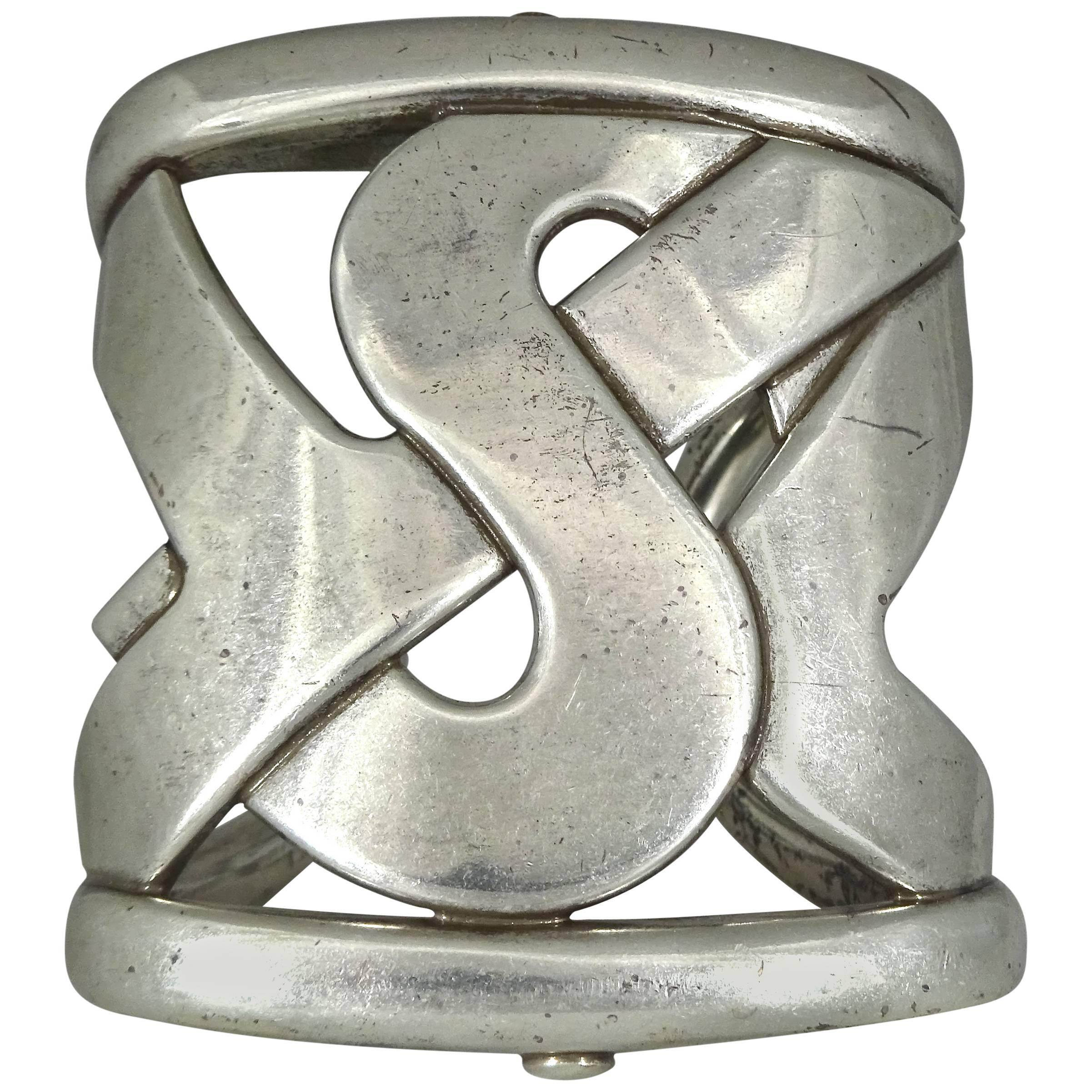 Rare Chunky 1980s Silver Yves Saint Laurent Monogram Cuff For Sale