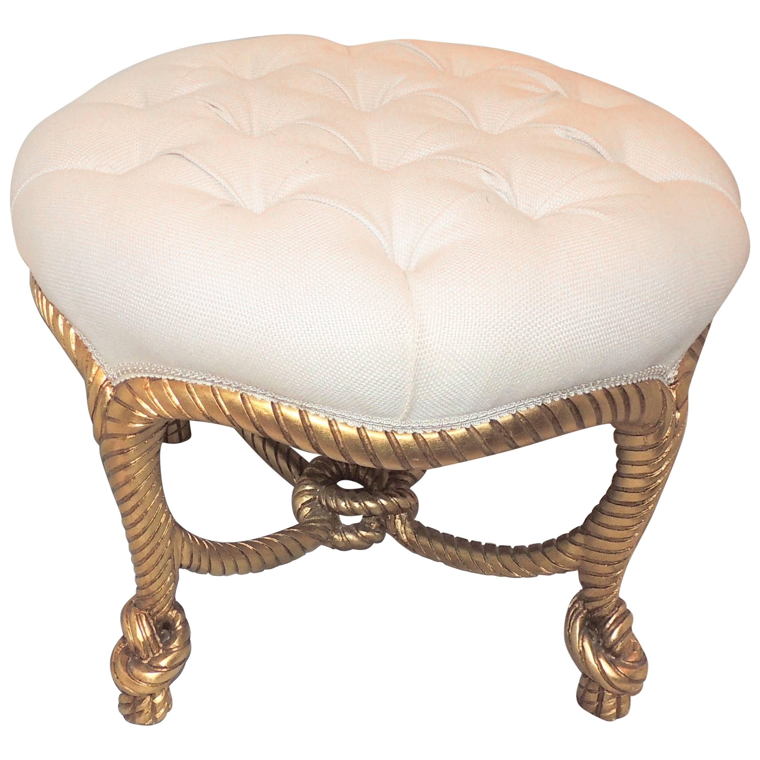 Wonderful French Gilt wood Rope Tassel Bow Tufted Ottoman Round Bench Stool Pouf