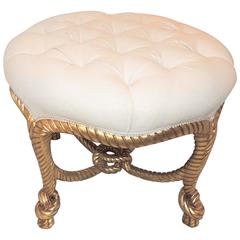 Vintage Wonderful French Gilt wood Rope Tassel Bow Tufted Ottoman Round Bench Stool Pouf