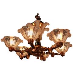 French Art Deco Opalesecent Glass Chandelier by Ezan