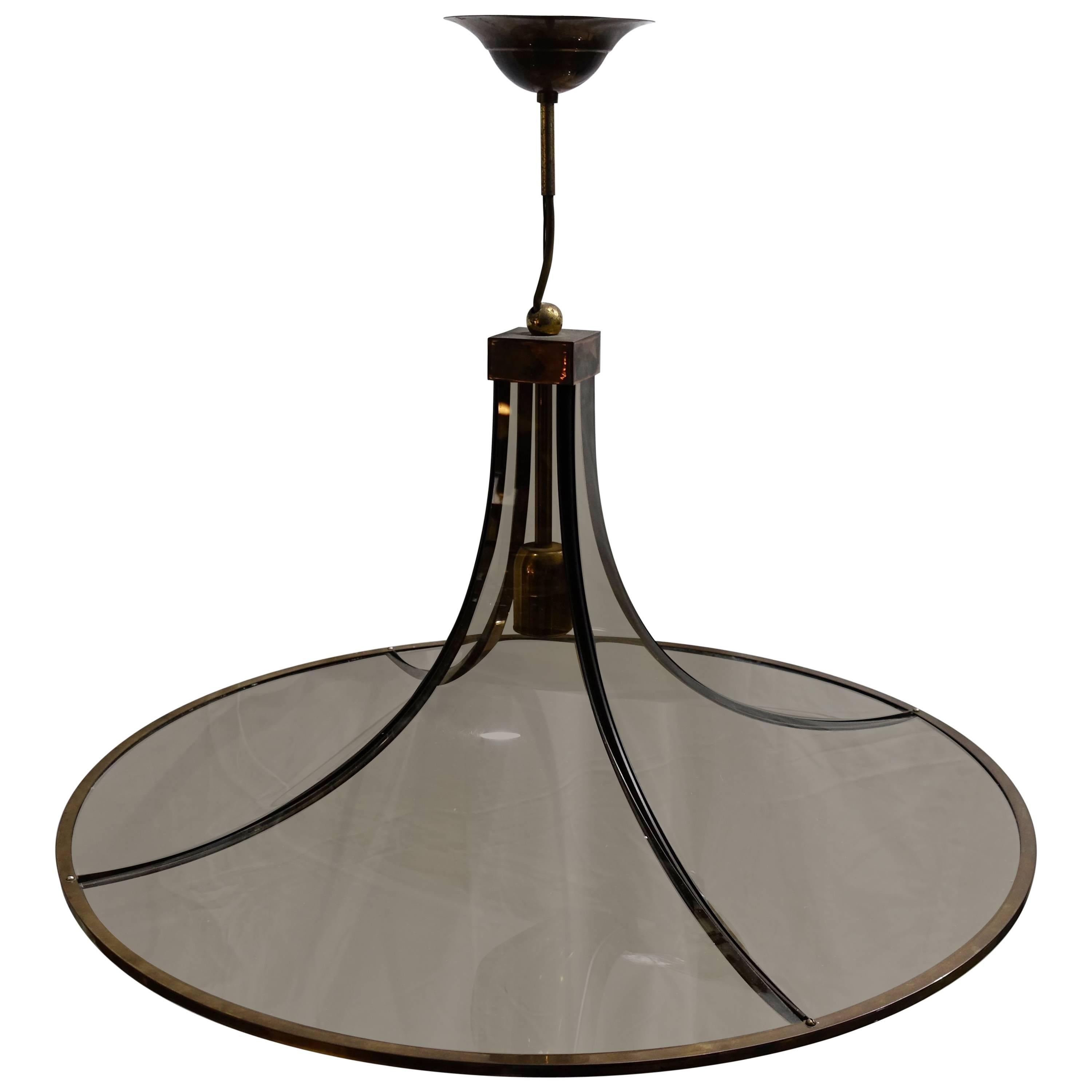 Round Smoked Curved Glass with Brass Trim Chandelier, Italy, 1970s