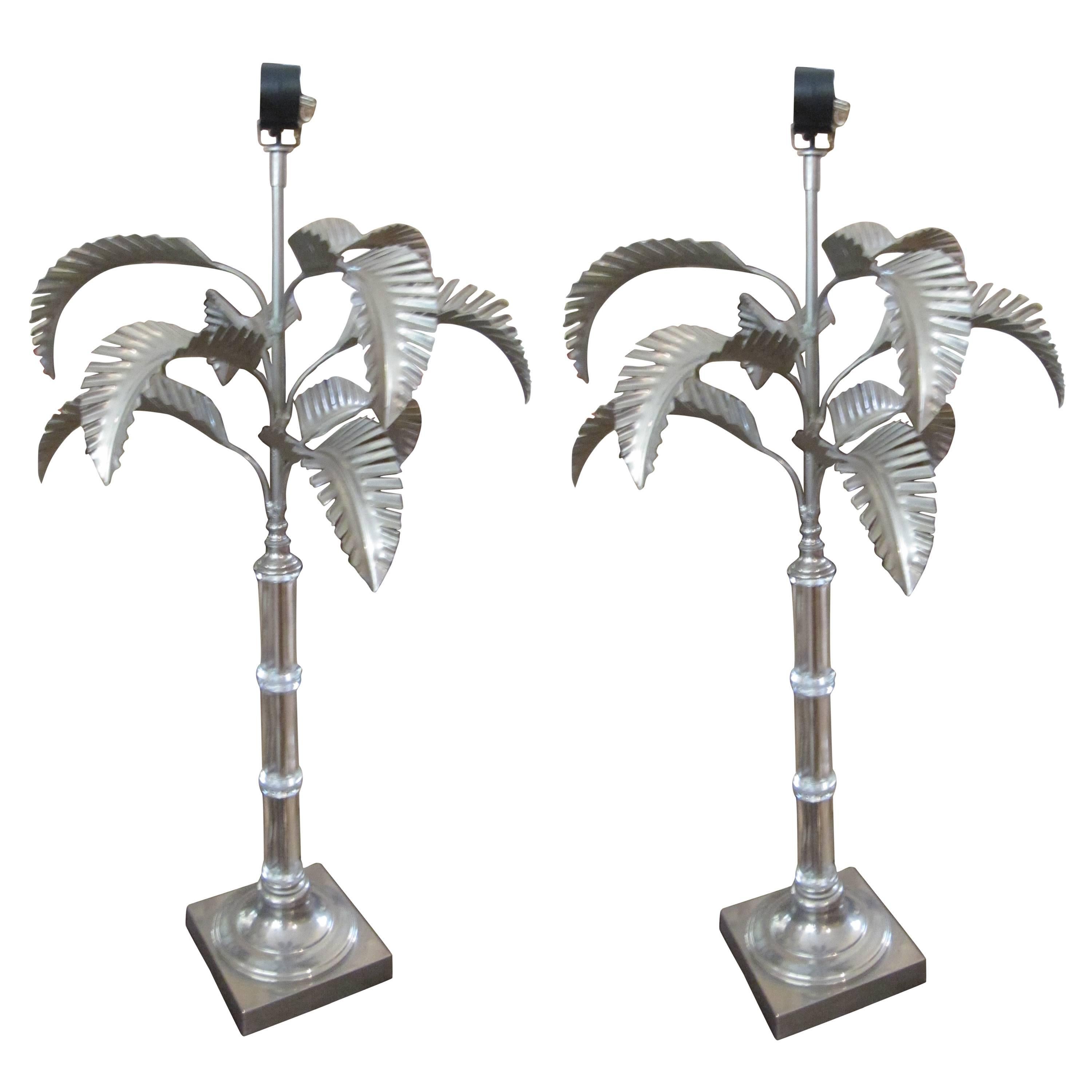 One Pair Silvered Metal and Crystal Table Lamps in the Form of Palm Trees