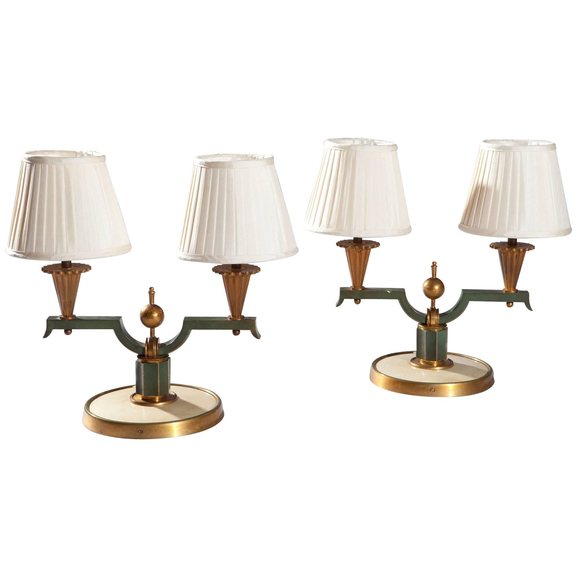 Pair of Art Deco French Patinated and Gilded Bronze Table Lamps Genet et Michon