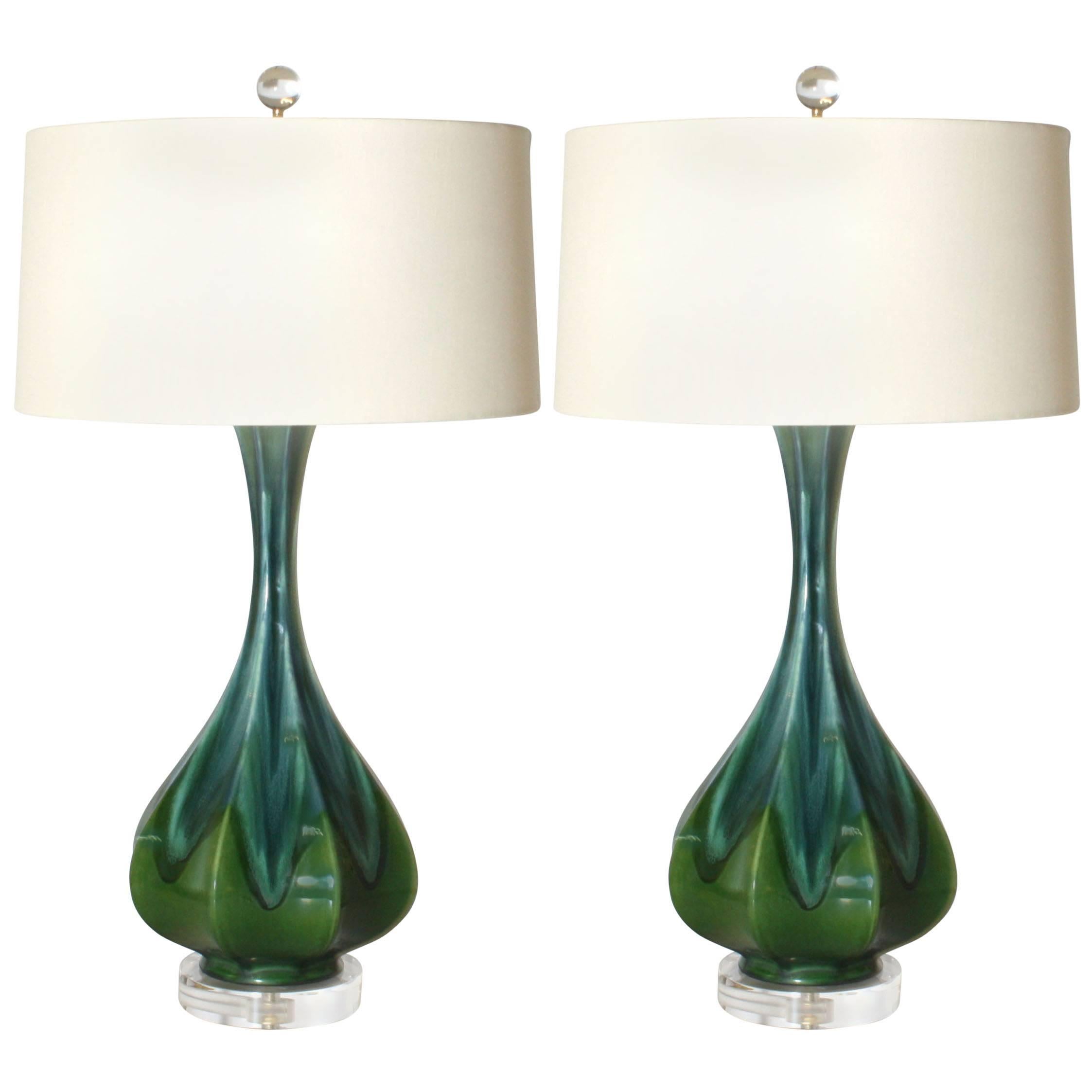 Pair of Blue and Green Ceramic Drip Glaze Lamps, circa 1960