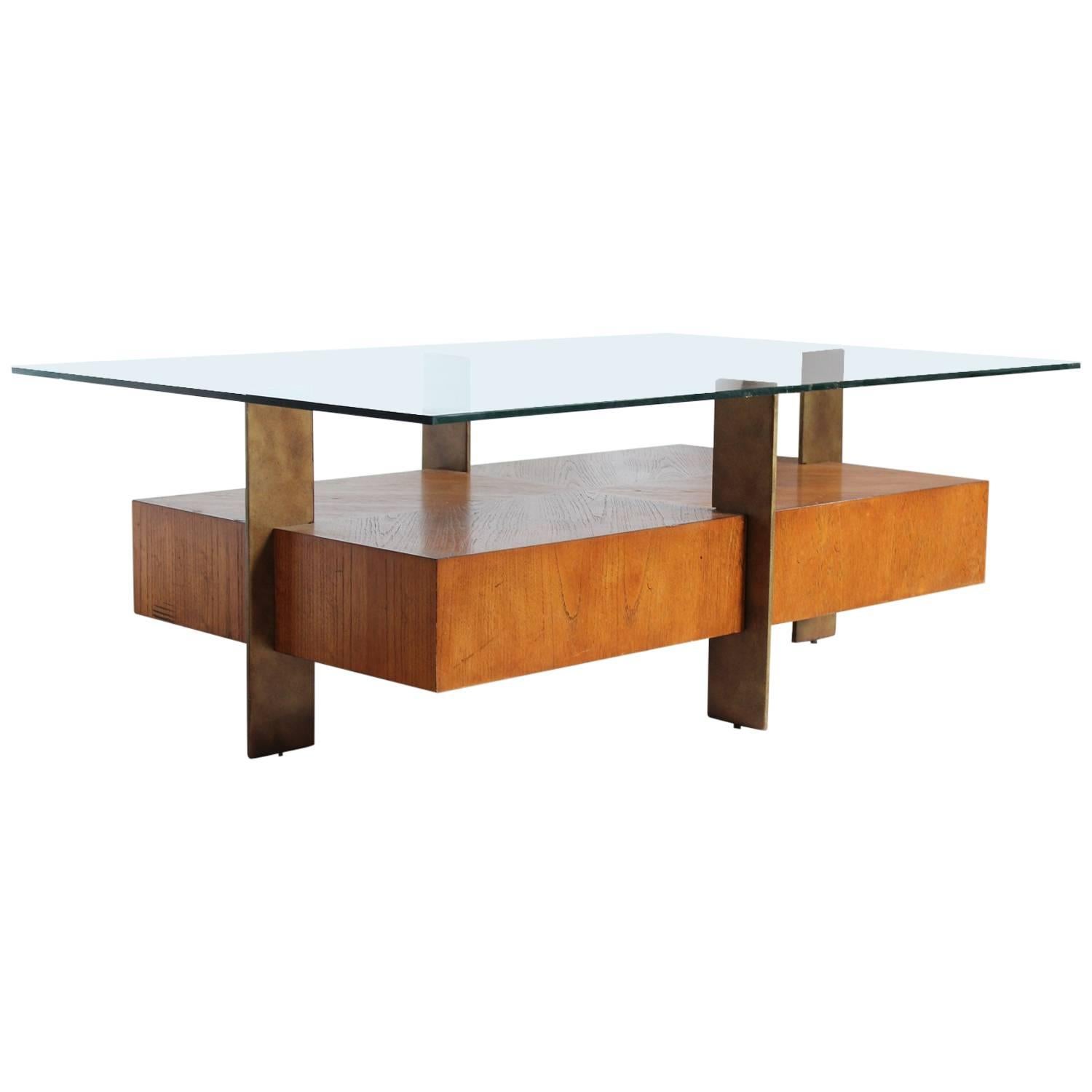 Modern Wood and Metal Coffee Table with Glass Top For Sale