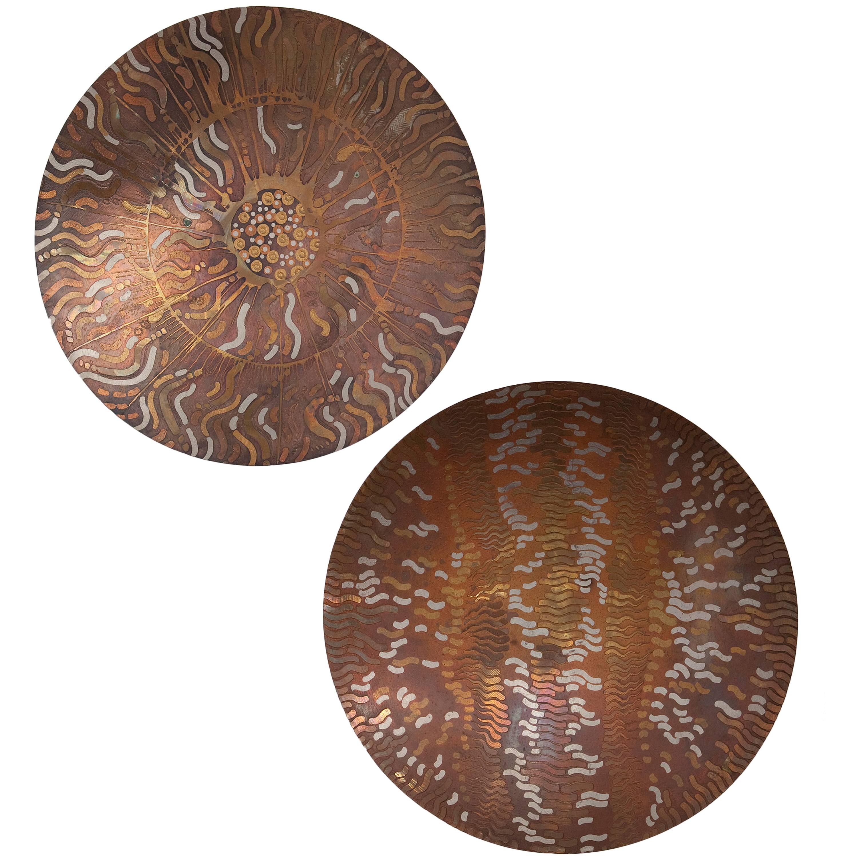 Pair of Etched Copper Chargers by Lee and Naomi Peck
