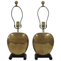 Vintage Pair of Oval Brass Lamps with Black Scrolled Bases