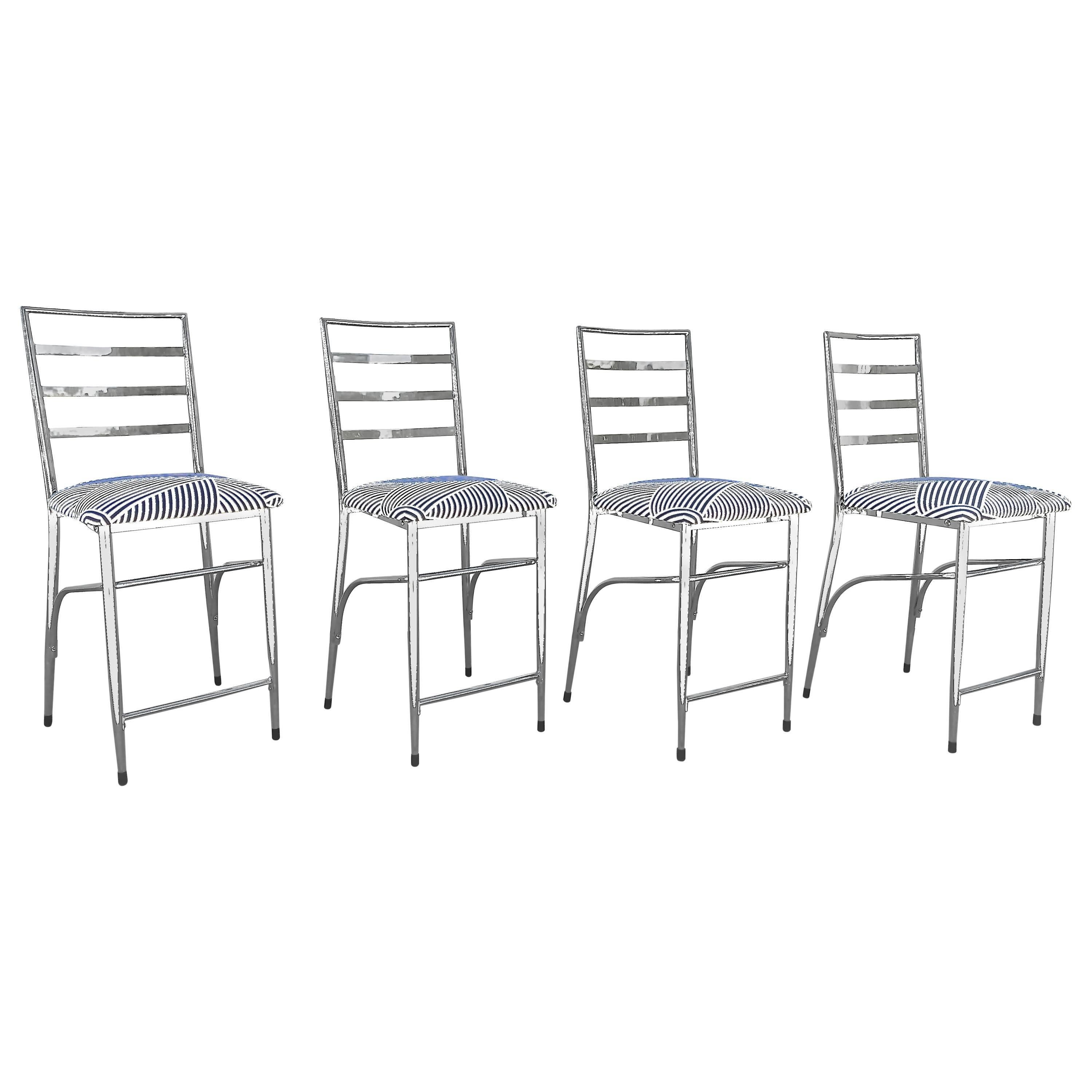 Chrome Bar/ Counter Stools in Graphic Black & White Twill Upholstery Set of Four For Sale
