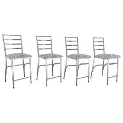 Chrome Bar/ Counter Stools in Graphic Black & White Twill Upholstery Set of Four