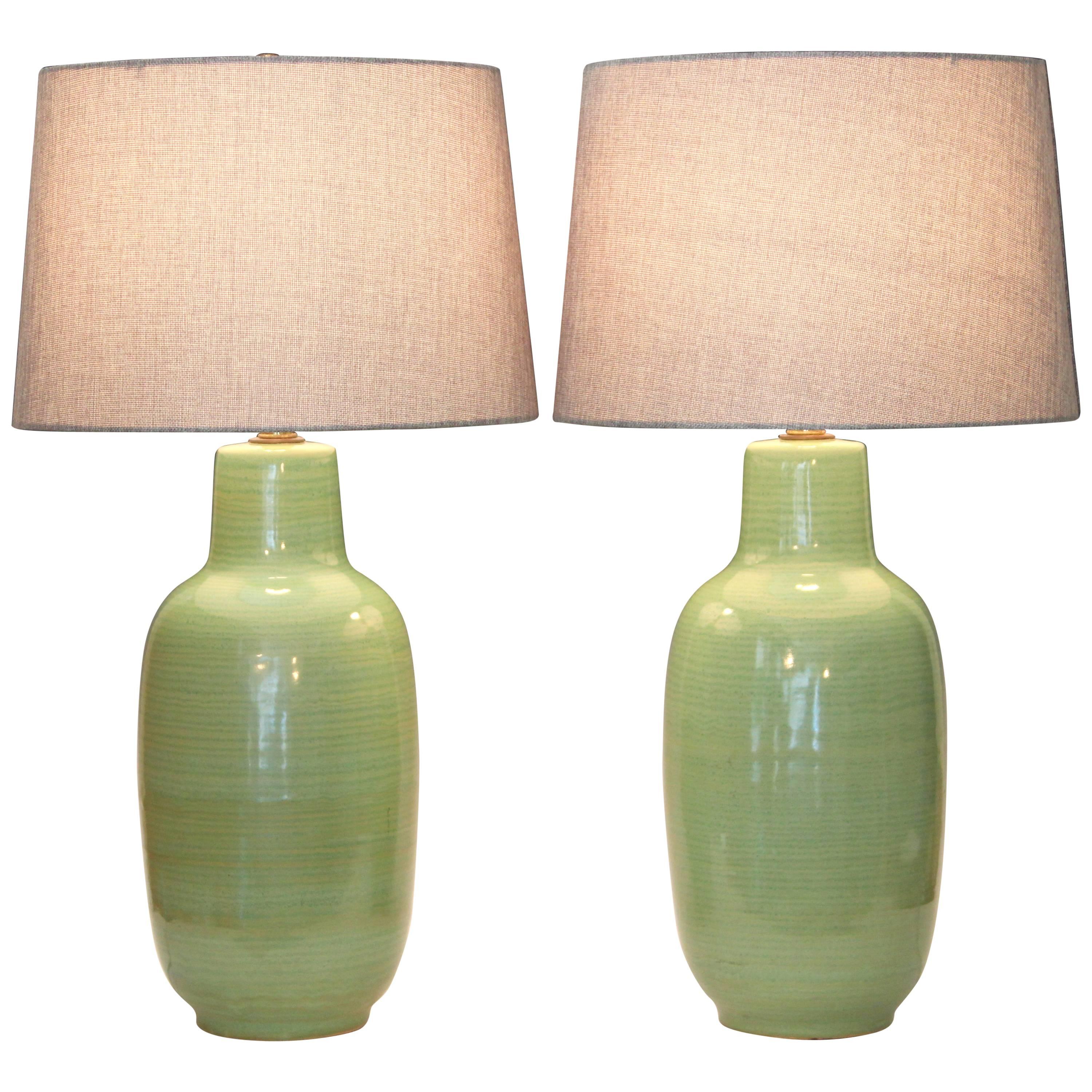 Pair of Vintage Celadon Green Flambe Studio Pottery Lamps