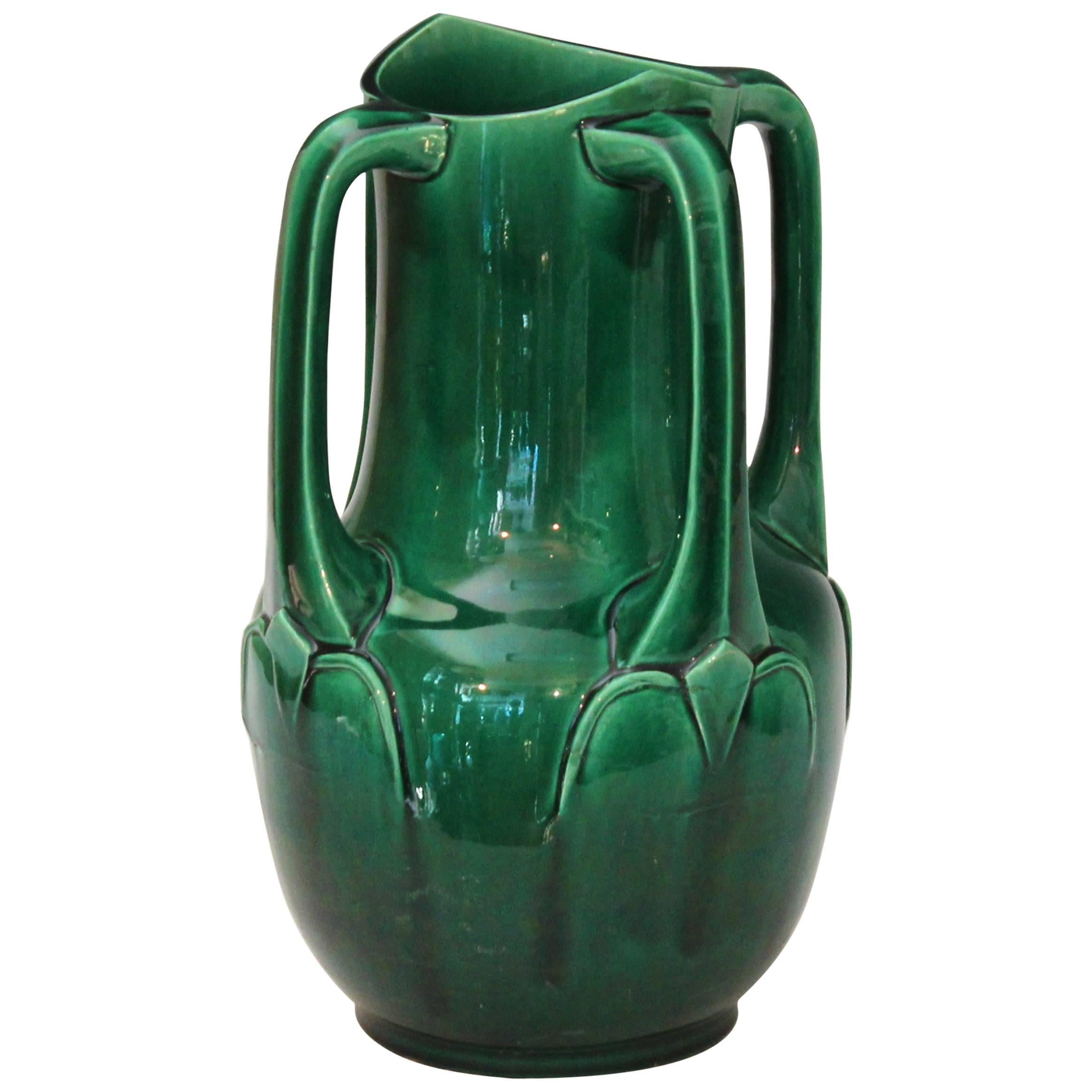 Awaji Pottery Art Nouveau Four Handle Buttress Vase For Sale