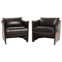 Pair of Black Leather Armchairs by Vico Magistretti for Cassina