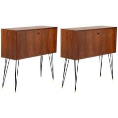 Pair of Slender Teak Wood Cabinet with Metal Legs, Signed 7