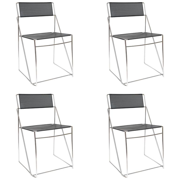 Set Of Four Italian Black Metal And Chrome Stacking Chairs For Set Of Four Italian Black Metal And Chrome Stacking Chairs For
