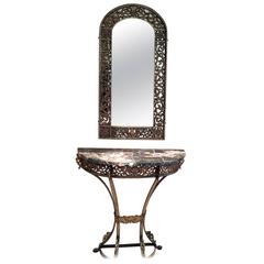 Fancy Gilt Iron and Marble Demilune Table with Matching Vertical Mirror