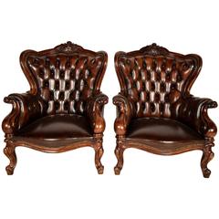 Pair of Louis XV Italian Tufted Leather Bergeres