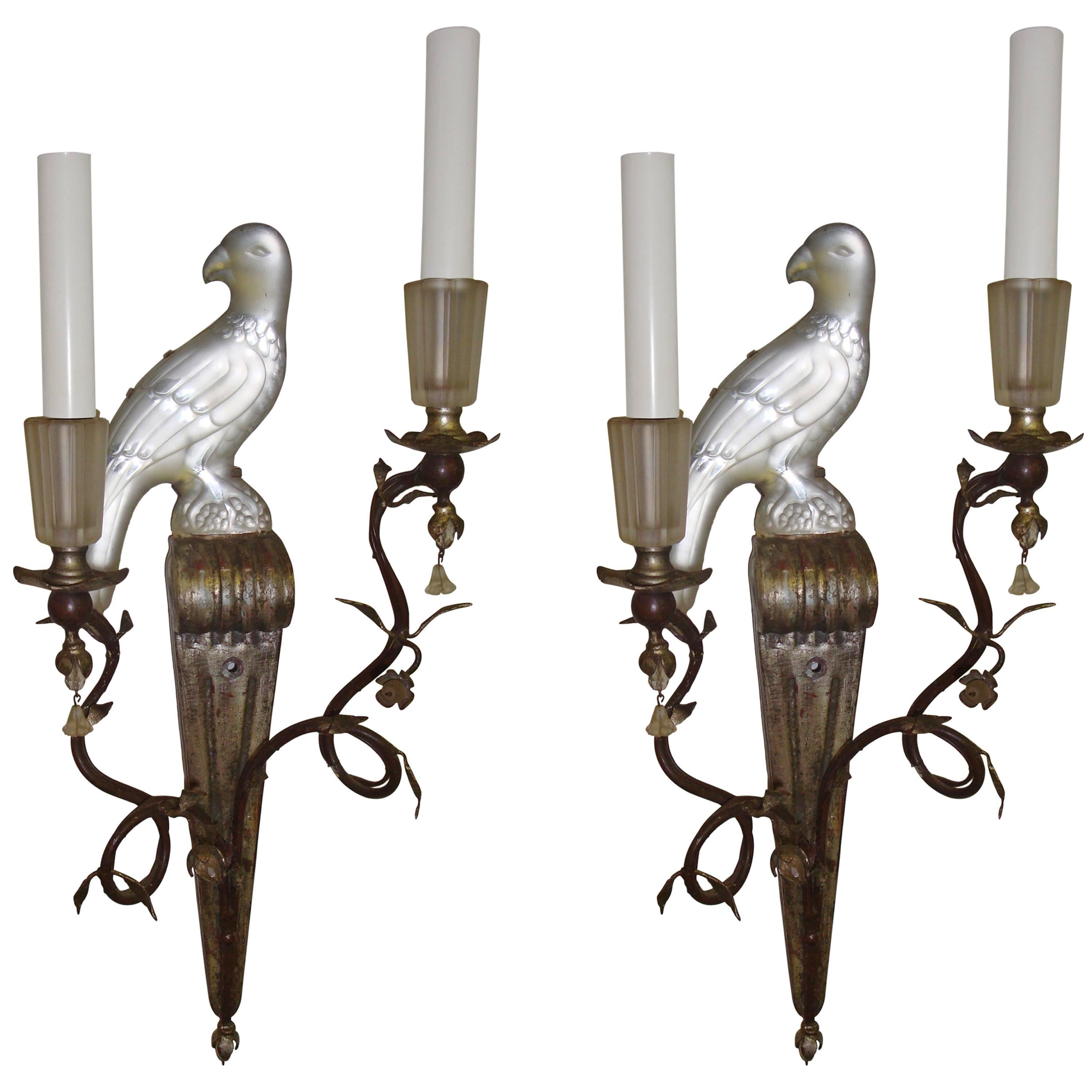 Pair of French Glass Bird Sconces