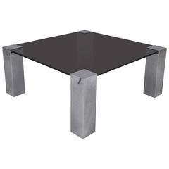 Smoked Glass Chromed Steel Legs Low Table, 1970s, Italy, Signed CIDUE