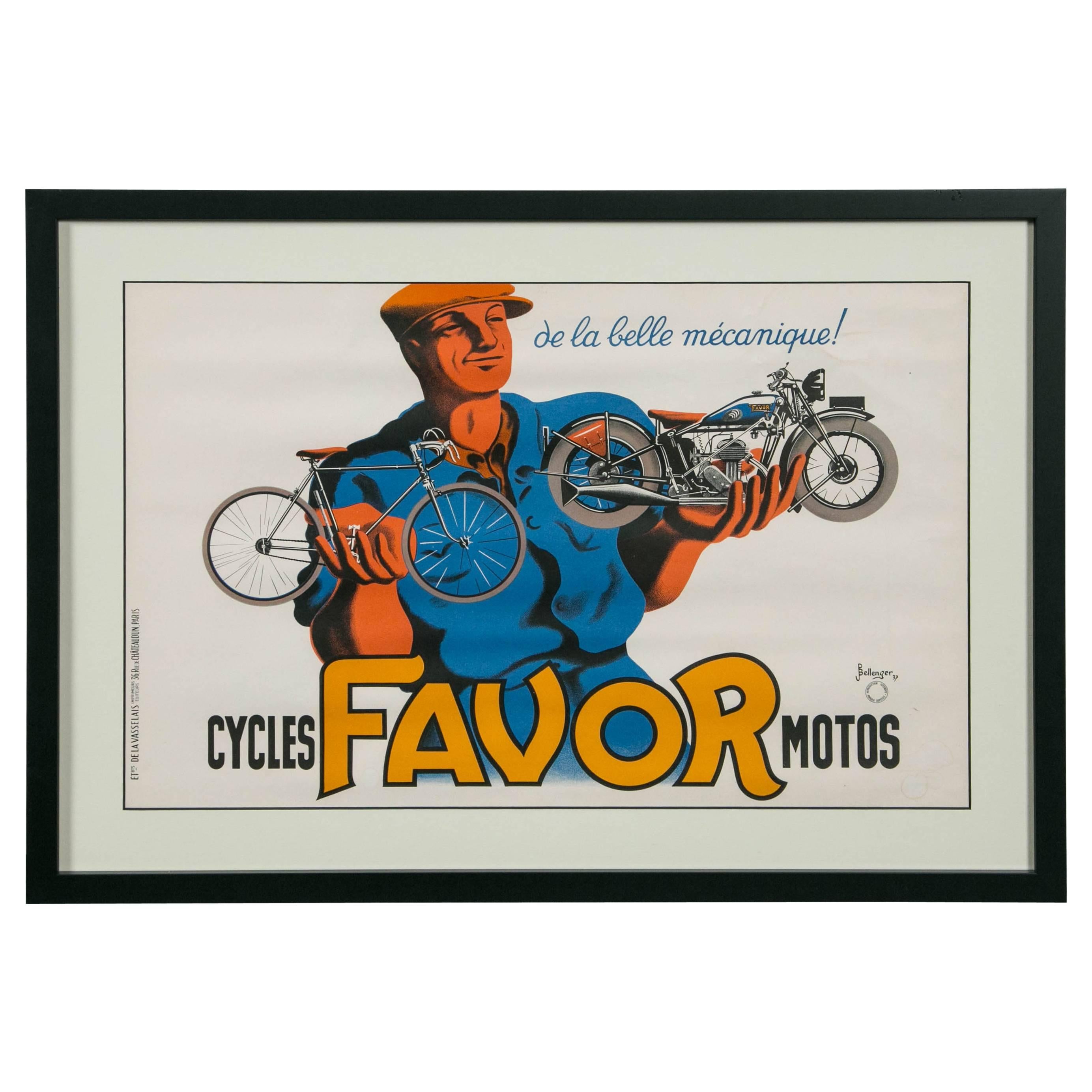 Original 'Cycles Favor Motos' Advertising Poster by Bellenger, 1937, France For Sale