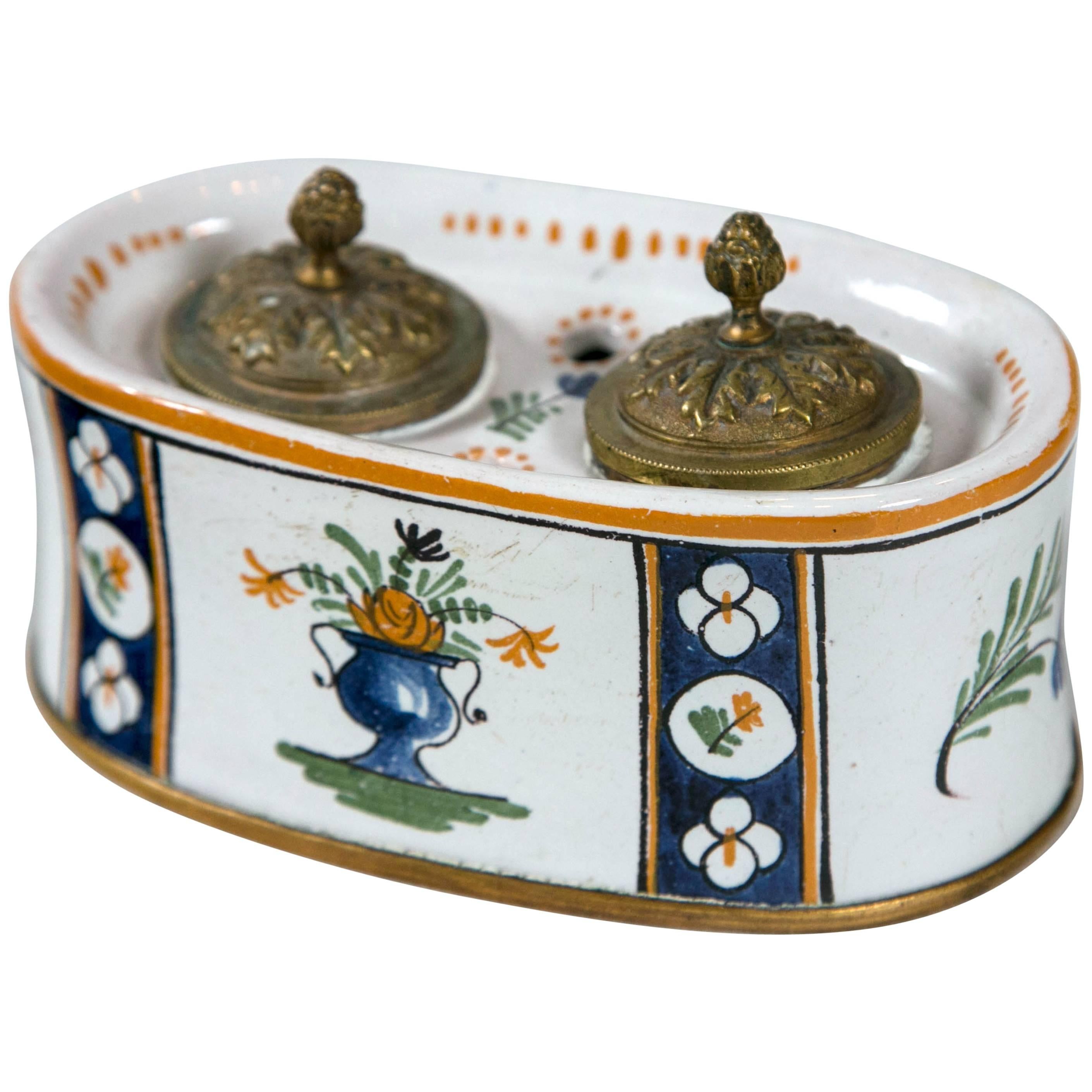 French Faience Inkwell, Late 19th Century