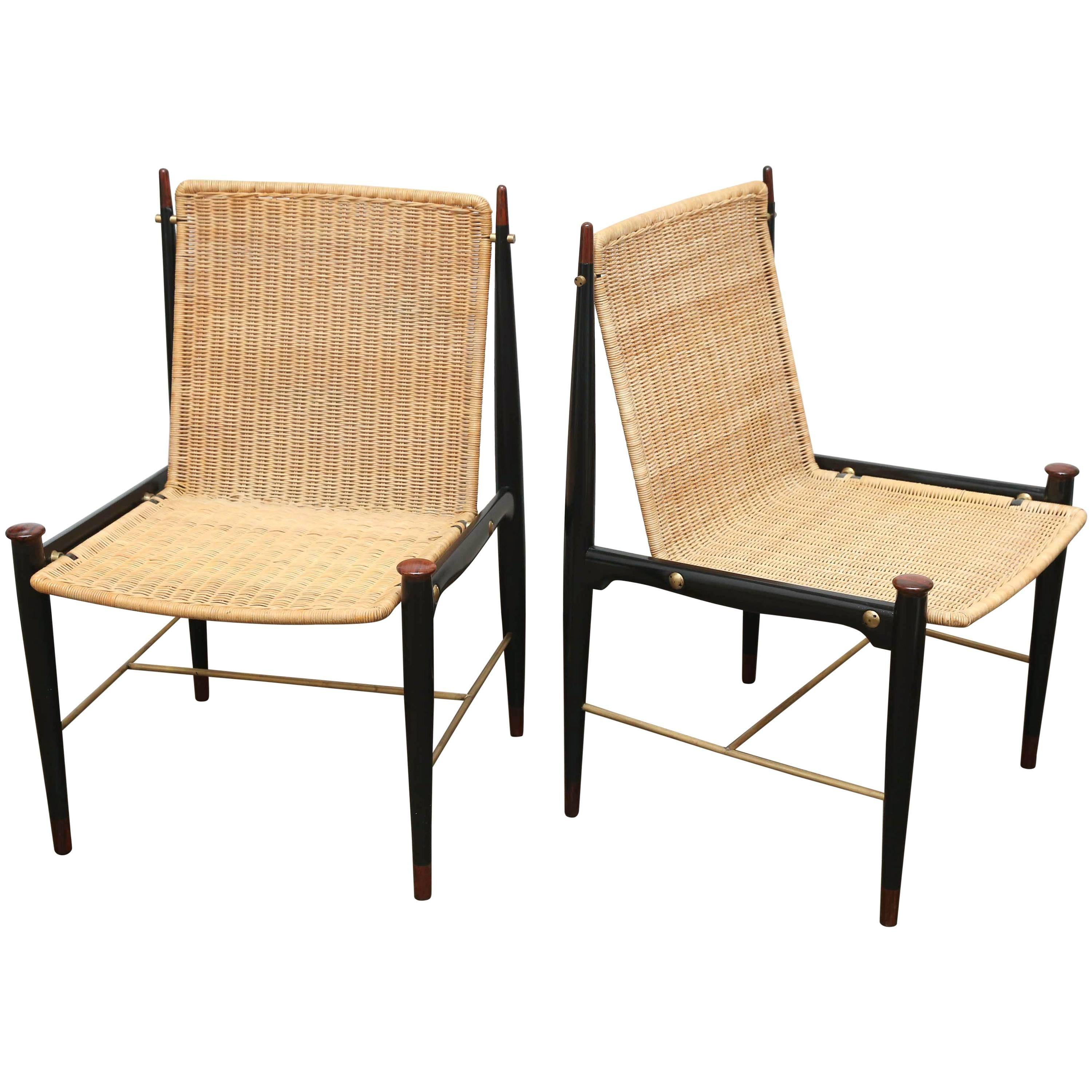 Pr Frank Kyle Mexican Mid Century Modernist Wood, Brass & Wicker Lounge Chairs