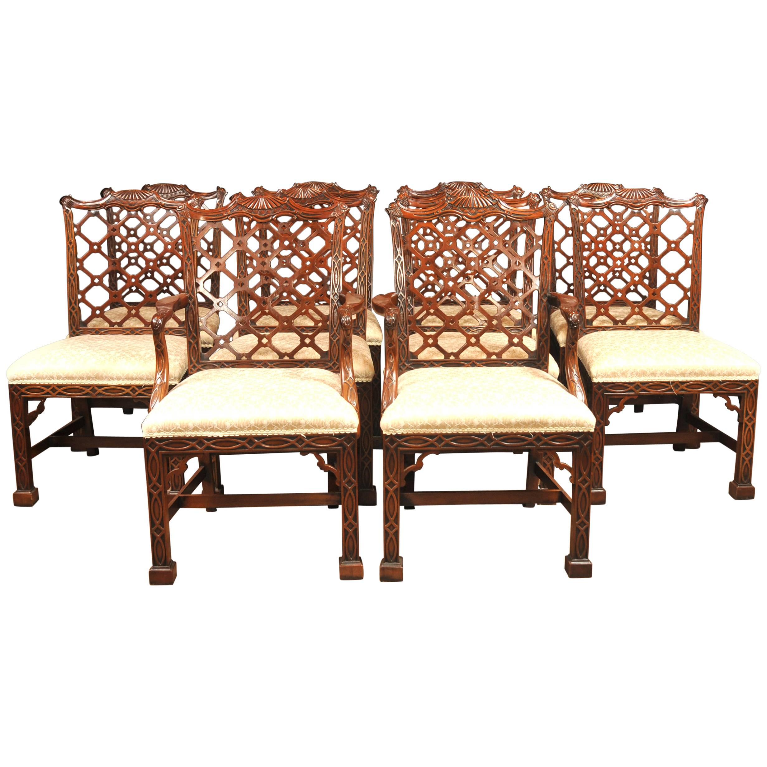 Ten Mahogany Chinese Chippendale Style Dining Chairs Gothic For Sale
