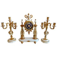 French Ormolu and White Marble Mantle Clock and Candelabra Garniture