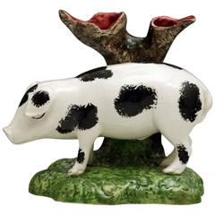 Antique Pottery Figure of a Pig Standing by Tree Trunk
