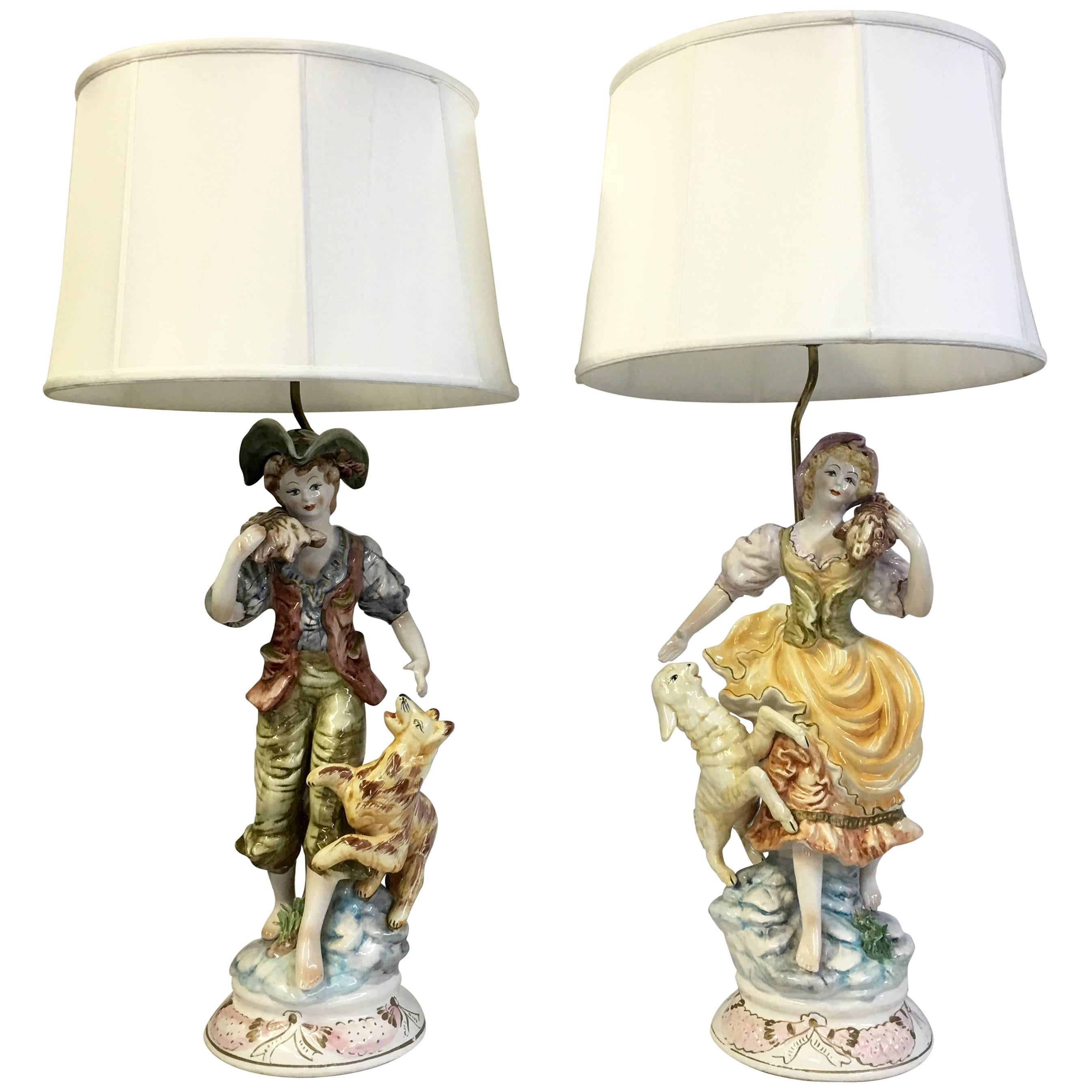 50'S Pair Of Italian Porcelain Capodimonte Country Boy and Girl Lamps Signed