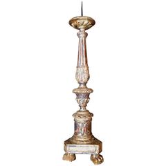18th Century Italian Altar Candlestick with Silver Leaf and Monogram Design