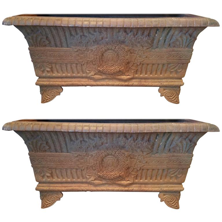 Pair of Vintage Heavy Cast Iron Garden Planters at 1stDibs