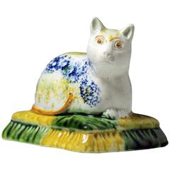 Staffordshire Pottery Cat on Cushion Antique Period, circa 1800