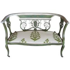 Vintage Garden Bench with Silver Gilt and Linen Upholstery