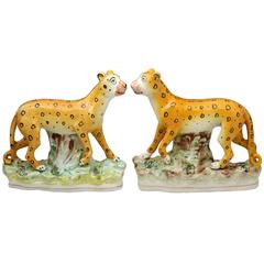 English 19th Century Staffordshire pottery figures of Leopards 