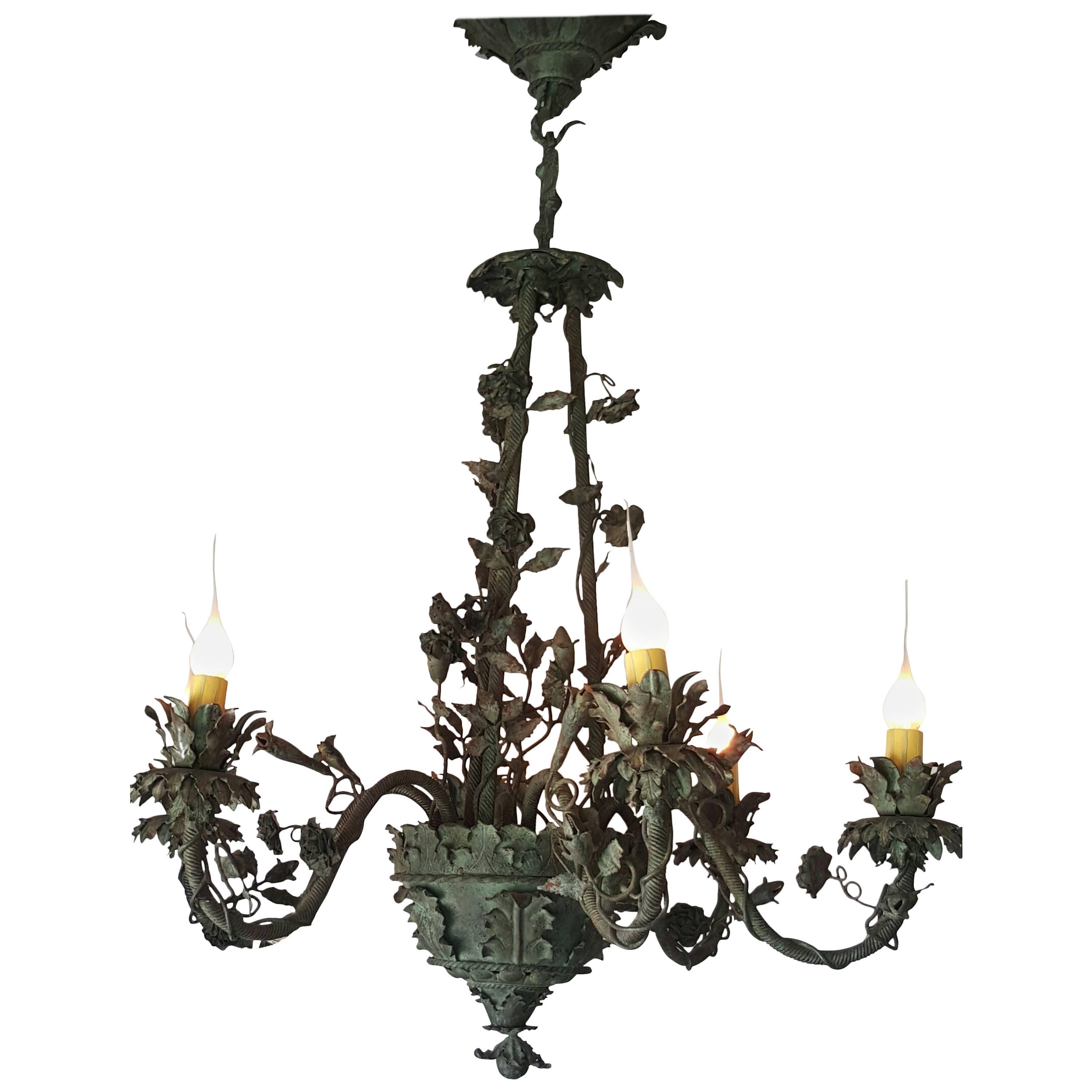 Vintage Six-Arm Chandelier with Roses, Vines and Leaves For Sale