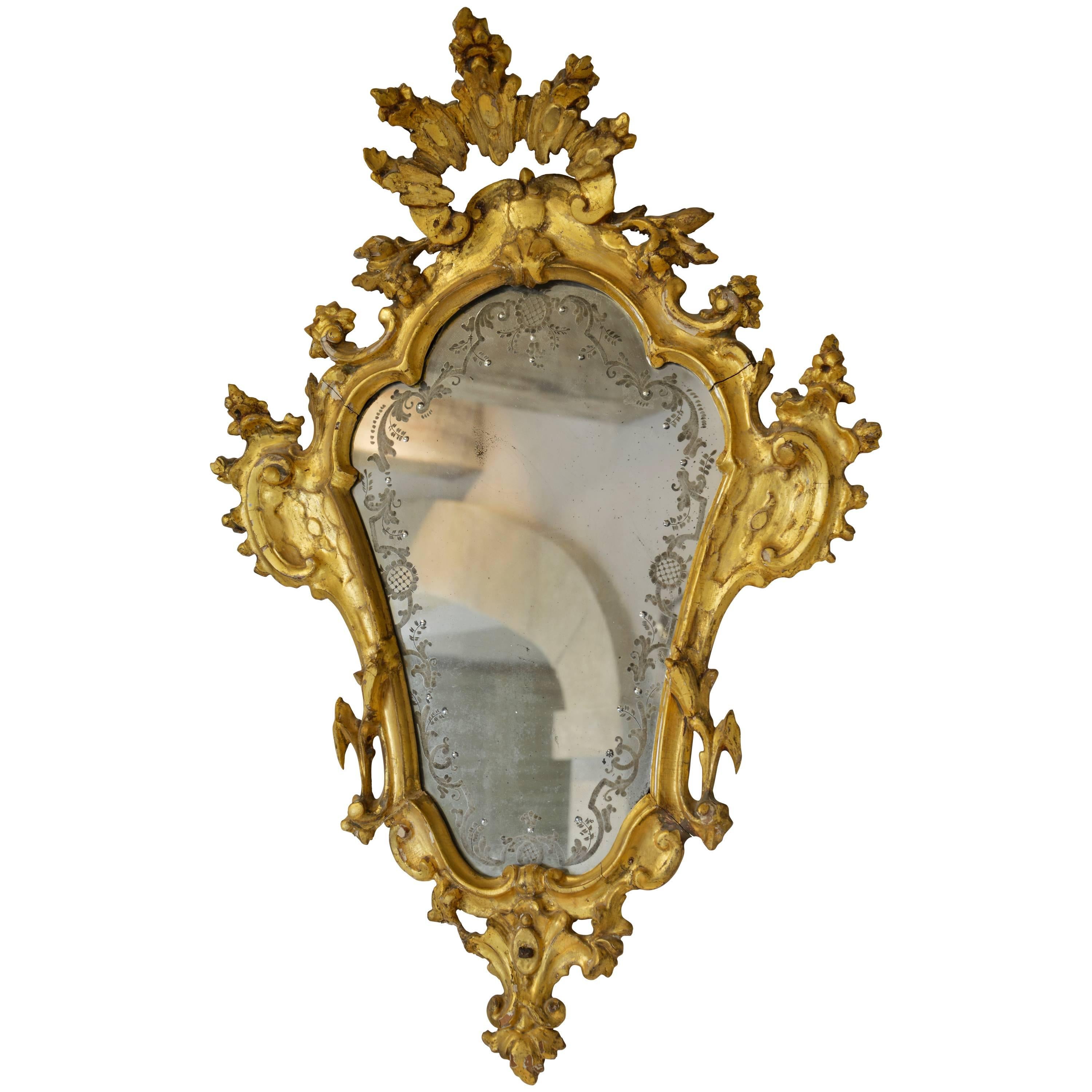 18th Century Gold Gilt Carved Venetian Etched Mirror For Sale